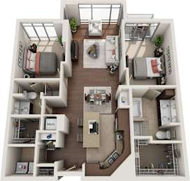 A 3D floor plan of a small apartment with a kitchen, living room, and bedroom.