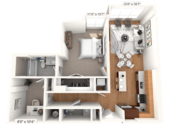A 3D floor plan of a house with dimensions and a layout of rooms.