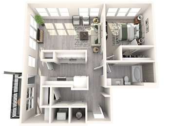 A top-down view of a small, modern apartment with a kitchen, living room, and bathroom.