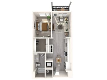 A top-down view of a small apartment with a kitchen, living room, and bathroom.