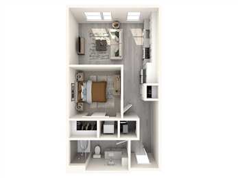 A white interior design of a small apartment with a kitchen, living room, and bathroom.