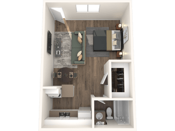 a rendering of a 1 bedroom floor plan with a bathroom and a living room La Terraza, Phoenix, 85018