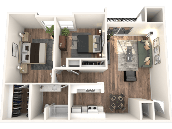 a rendering of a 3d floor plan with a bedroom and a living room at Melrose Villas, Phoenix, Arizona, 85016