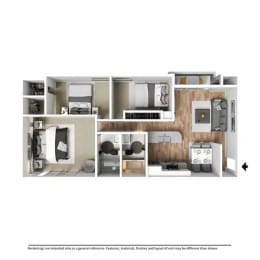 a stylized floor plan of a 2100 sq ft apartment at Missouri Crossing, Phoenix, 85015