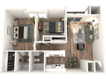 a 3d floor plan of a house with a bedroom and a living room at Melrose Villas, Arizona, 85016
