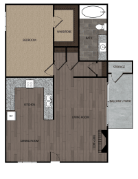 One bedroom one full bathroom and kitchen rendered floorplan drawing. Includes private balcony/patio with storage and fireplace. Approximately 680 square feet.