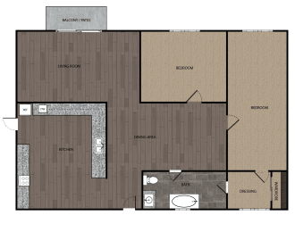 2D rendered drawing of two bedroom and one full size bathroom with full size kitchen and private patio/balcony.  Approximately 1000 square feet.