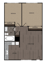 Rendered drawing of two bedroom one full bathroom and kitchen. Approximately 650 square feet