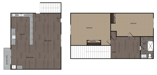 2D rendered drawing of two bedroom and one full size bathroom with full size kitchen and private patio/balcony. Townhome style with living area downstairs and bedrooms and bathroom upstairs. Approximately 700 square feet.