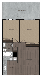 Rendered drawing of two bedroom one full bathroom and kitchen with private patio/ balcony. Approximately 650 square feet