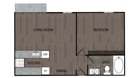 Rendered drawing of one bedroom and one full bathroom floor plan with private patio/ balcony. Approximately 745 square feet.