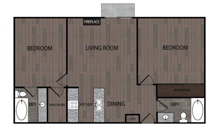 Rendered drawing of two bedroom and two full bathroom floor plan with private patio/ balcony. Approximately 745 square feet.