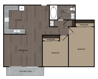 Rendered drawing of two bedroom one full bathroom and kitchen with private patio/balcony. Approximately 850 square feet.