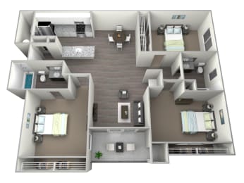 3D rendered art of two bedroom two full bath with walk in closet, private patio/balcony with storage, and washer and dryer. Approximately 1198 square feet