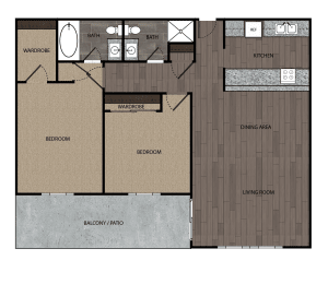 2D rendered drawing of two bedroom two full bathroom and kitchen floorplan. Approximately 1150 square feet.