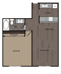 2D rendered drawing of one bedroom one full bathroom and kitchen floorplan. Approximately 513 square feet.