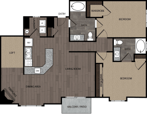rendered drawing of two bedroom two full bathroom and kitchen with private patio/balcony. Approximately 1655 square feet