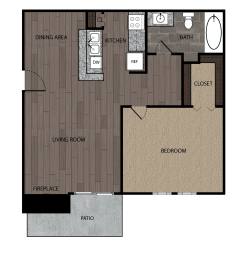 Rendered drawing of one bedroom and one full bathroom and kitchen floor plan with private patio/balcony - approximately 600 square feet