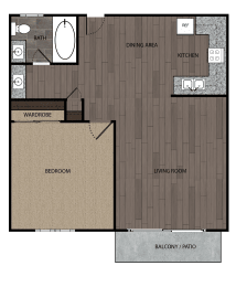 Rendered drawing of one bedroom one full bathroom and kitchen with private patio/balcony. Approximately 669 square feet.