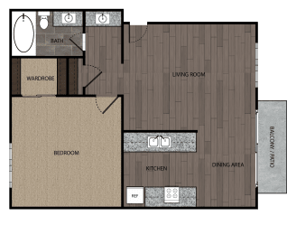 Rendered drawing of one bedroom one full bathroom and kitchen with private patio/balcony. Approximately 613 square feet.