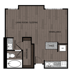 Studio apartment featuring a full kitchen and bathroom approximately 440 square feet, Floorplan is an artist rendering and all dimensions are approximate, Actual units vary in dimension and detail. Not all features are available in every unit. Prices and availability are subject to change without notice. Please call a representative for details