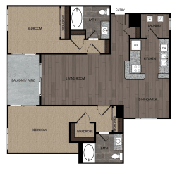 rendered drawing of two bedroom two full bathroom and kitchen with private patio/balcony. Approximately 1400 square feet