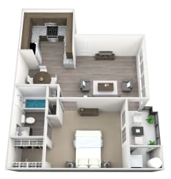 3D rendered drawing of one bedroom one full bathroom and kitchen floorplan with private patio/balcony. Approximately 700 square feet.
