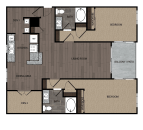 rendered drawing of two bedroom two full bathroom and kitchen with private patio/balcony. Approximately 1508 square feet
