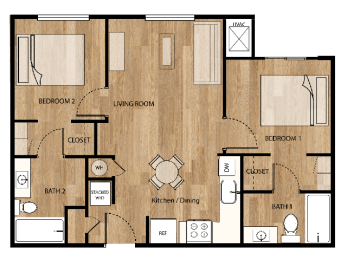 Two bedroom two bathroom floor plan at Parks Residential - Denver, Centennial, CO 80111