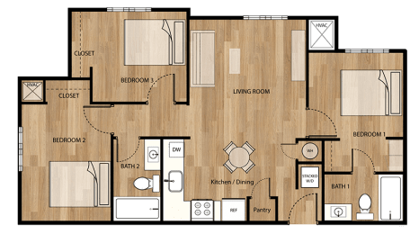 Three bedroom two bathroom floorplan at Parks Residential - Denver, Centennial, CO