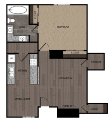 Rendered drawing of one bedroom one full bathroom and kitchen. Approximately 729 square feet.