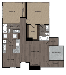 Rendered drawing of two bedroom two full bathroom and kitchen. Approximately 1029-1044 square feet.