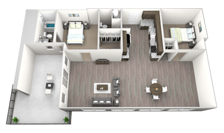A 3D floor plan of a house with a kitchen, living room, and bedrooms.