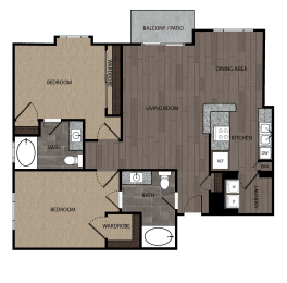 rendered drawing of two bedroom two full bathroom and kitchen with private patio/balcony. Approximately 1133 square feet
