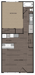 A floor plan of a house with a bedroom, living room, kitchen, and bathroom.