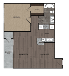 Rendered drawing of one bedroom one full bathroom and kitchen floorplan with private patio/balcony. Approximately 662 square feet.