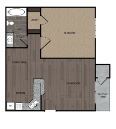 Rendered drawing of one bedroom one full bathroom and kitchen floorplan with private patio/balcony. Approximately 577 square feet.