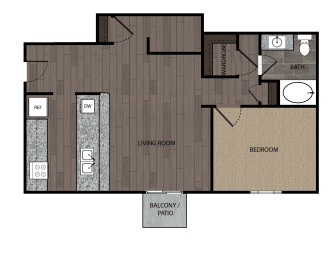 rendered drawing of one bedroom one full bathroom and kitchen with private patio/balcony. Approximately 890 square feet