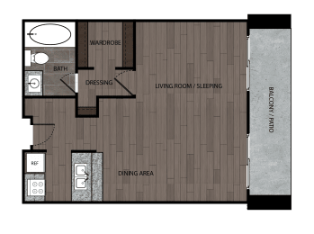 Studio apartment featuring a full kitchen and bathroom approximately 505 square feet, Floorplan is an artist rendering and all dimensions are approximate, Actual units vary in dimension and detail. Not all features are available in every unit. Prices and availability are subject to change without notice. Please call a representative for details