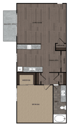 2D rendering of one bedroom one full bathroom floor plan featuring private patio. Approximately 627 square feet.