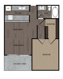 2D rendered drawing of one bedroom one full bathroom and kitchen floorplan. Approximately 672 square feet.