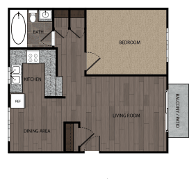 Rendered drawing of one bedroom one full bathroom and kitchen floorplan with private patio/balcony. Approximately 648 square feet