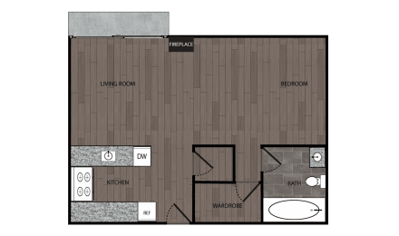 Rendered drawing of studio and one full bathroom floor plan with private patio/ balcony and walk in wardrobe. Approximately 500 square feet.