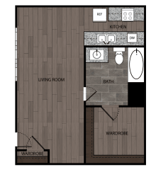 2D rendered drawing of studio and full size bathroom with full size kitchen and walk in wardrobe. Approximately 500 square feet.