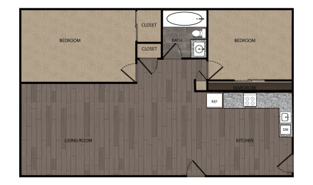 A two bedroom one bath floor plan at Sutter Apartments
