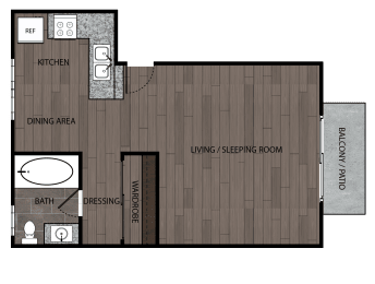 Rendered drawing of studio and one full bathroom and kitchen with private patio/balcony. Approximately 422 square feet.