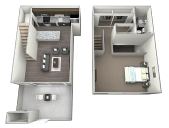 3D furnished rendered drawing of one bedroom and one full bathroom loft style floor plan, with bathroom and private balcony/ patio. Approximately 850 square feet