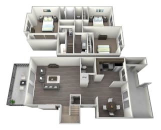 3D rendered furnished drawing of three bedroom and two and a half bathroom and kitchen loft floorplan with private balcony. Approximately 1600 square feet