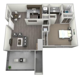 3D rendered furnished drawing of one bedroom and one full bathroom and kitchen floorplan with private balcony. Approximately 767 square feet
