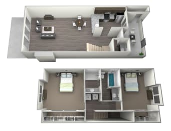 3D rendered furnished drawing of two bedroom and two full bathroom and kitchen loft floorplan with private balcony. Approximately 1325 square feet